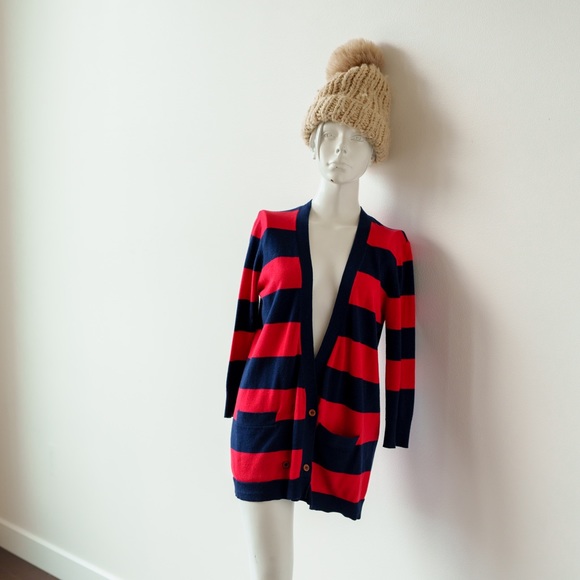 Y2K ** Steven Alan Deep V-Neck Cardigan Navy / Red Stripe - Size S - Picture 1 of 11